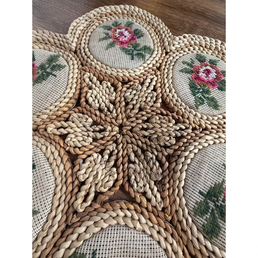 VTG 1970s Cottagecore Raffia Straw Needlepoint Rose Floral Table Trivet mat